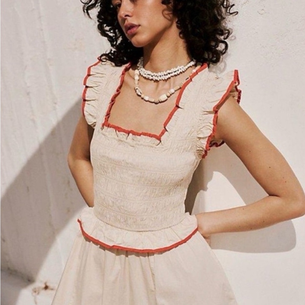 Free People Cream Ruffle Tunic with Coral Trim